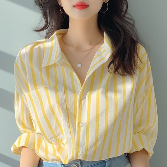 Yellow And White Vertical Striped Shirt For Women Sun Protection By The Sea