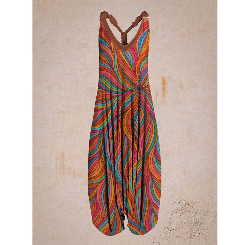 Printed Loose Large Size Haren Pants Beach Suspender Jumpsuit