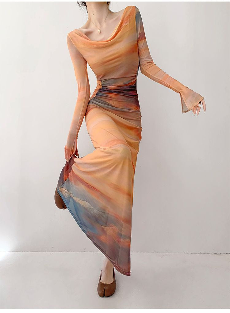 Swan-Neck Sister Mesh Print Boat-Neck Dress