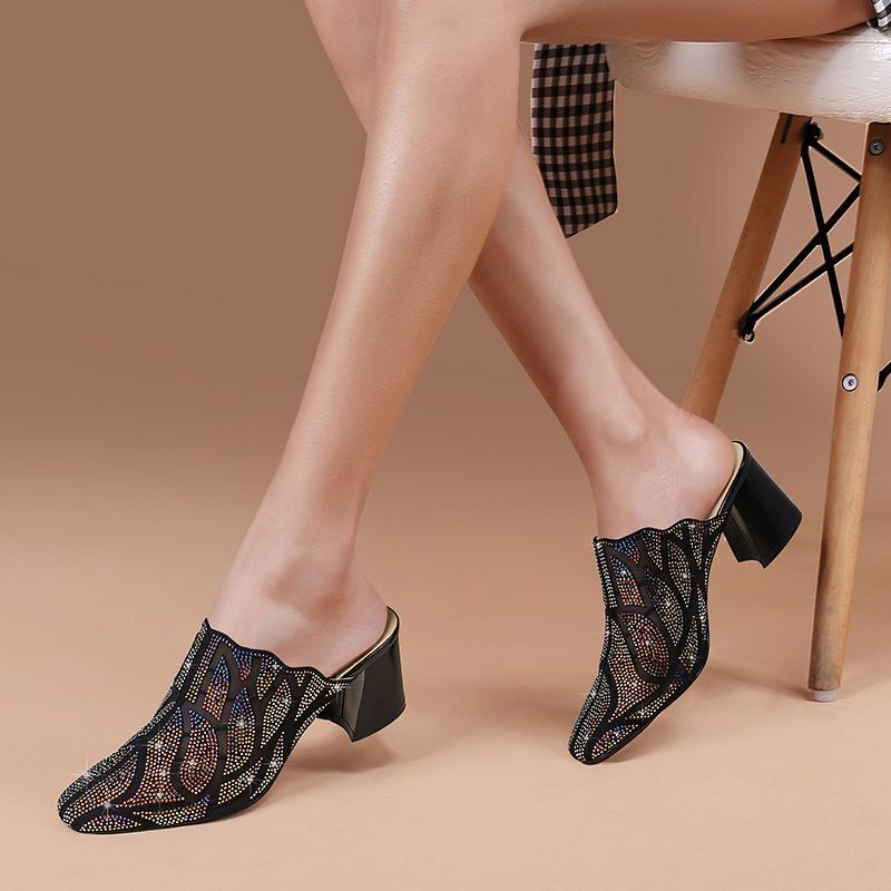 Rhinestone Half Slippers Women's Thick Heel Fashion Outer Wear Mid-heel Mesh Soft Sole