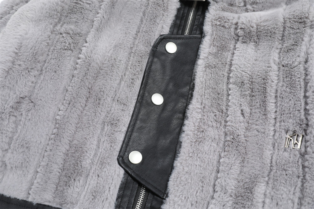 Pocket Color Contrast Patchwork Pu Lamb Wool Stand Collar Coat