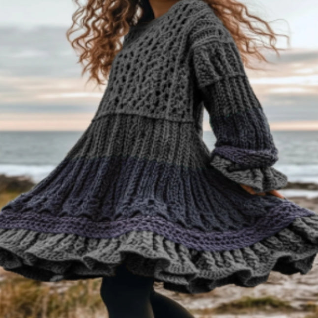 High-neck Dress Sweater With A Retro Cable-knit Design And Long Sleeves