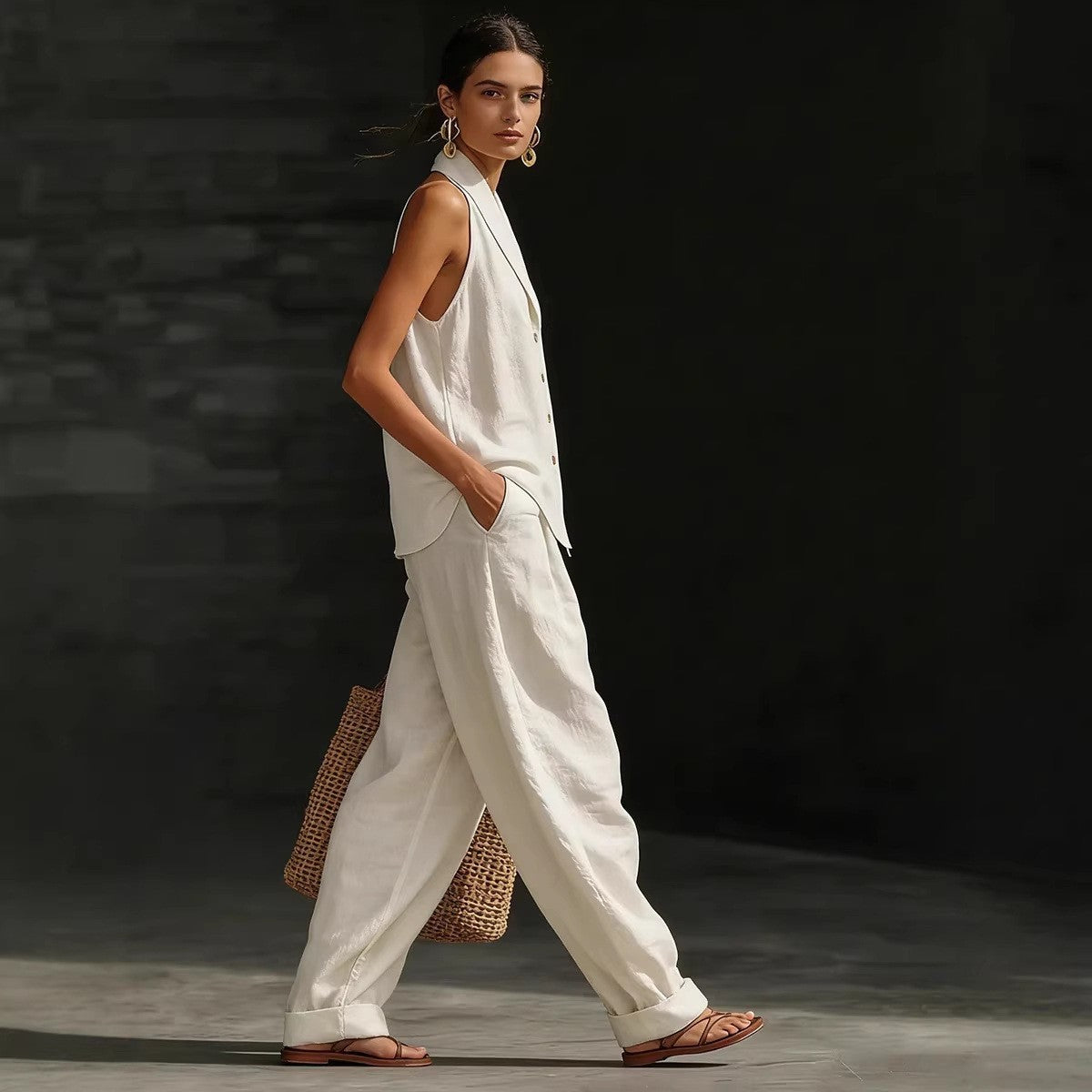 Wide-leg Pants Suit Womens Cotton-linen Fashionable Two-piece Set