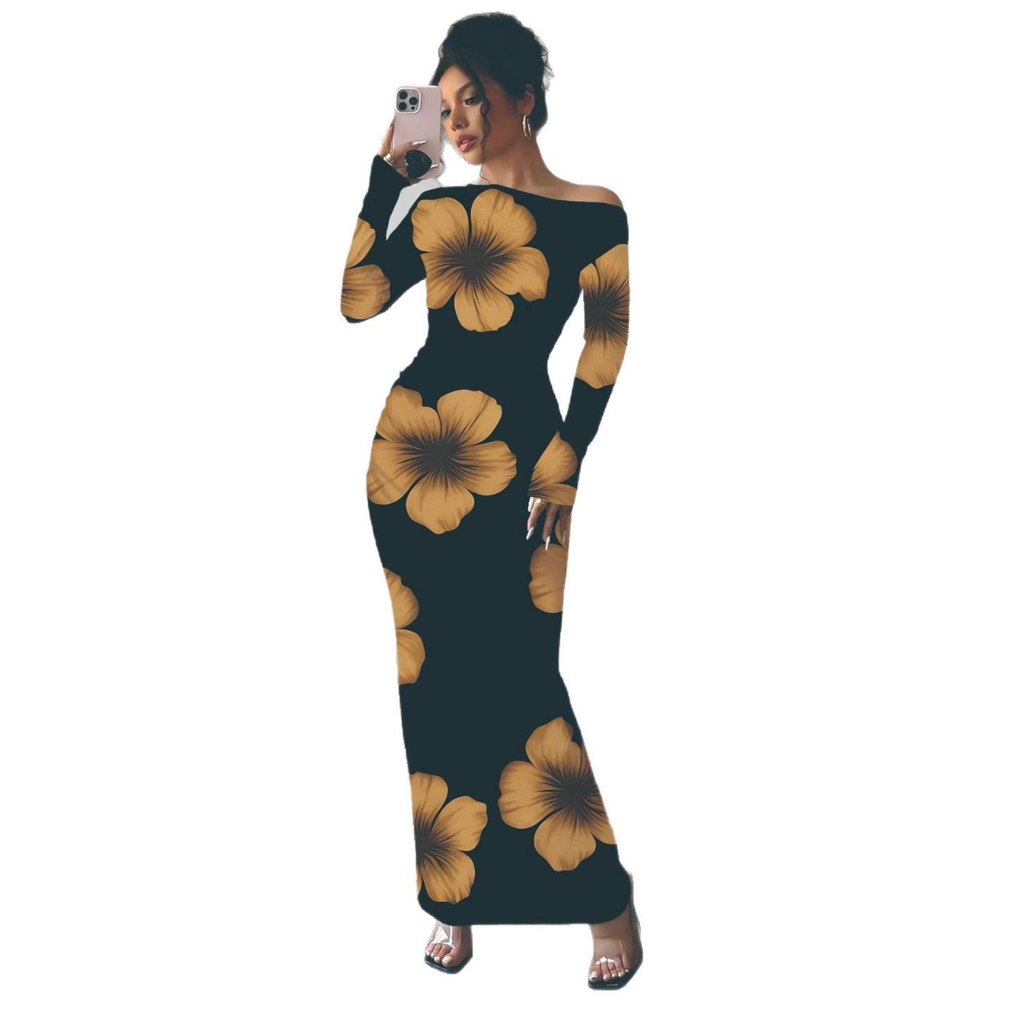 Sleek Long-sleeved Solid-color Dress That Hugs