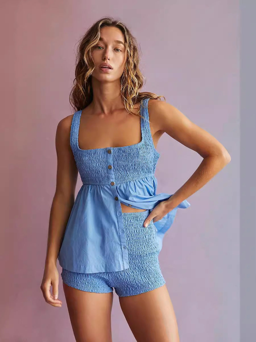 Womens Solid-Colored Suspender Ruched Button-Up Set