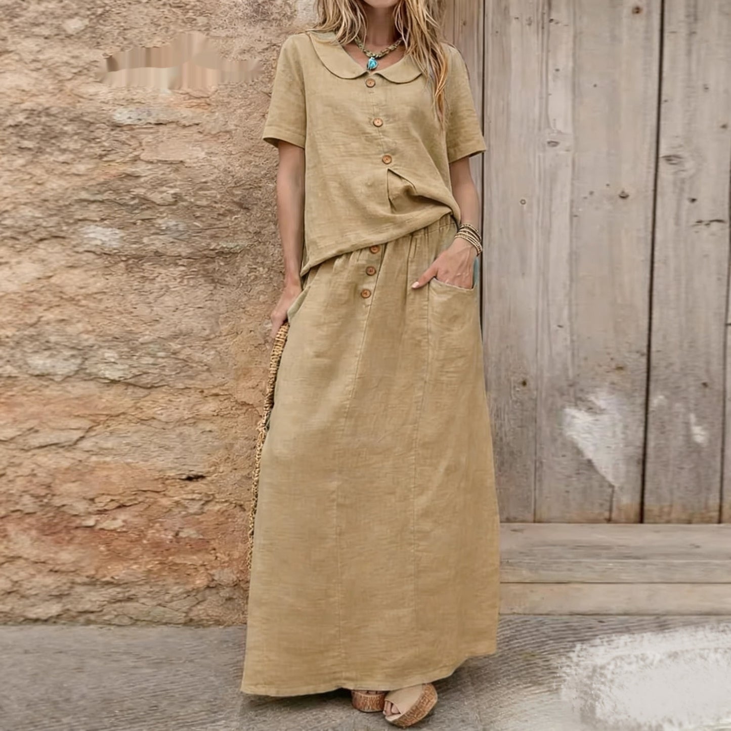 Womens Casual Solid-Colored Cotton-Linen Loose Two-Piece Skirt Set