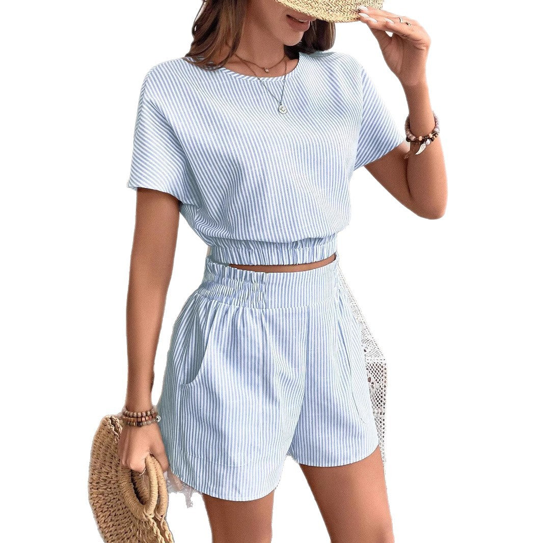 Summer Stripes Printed Batwing Sleeve Short Top And Shorts