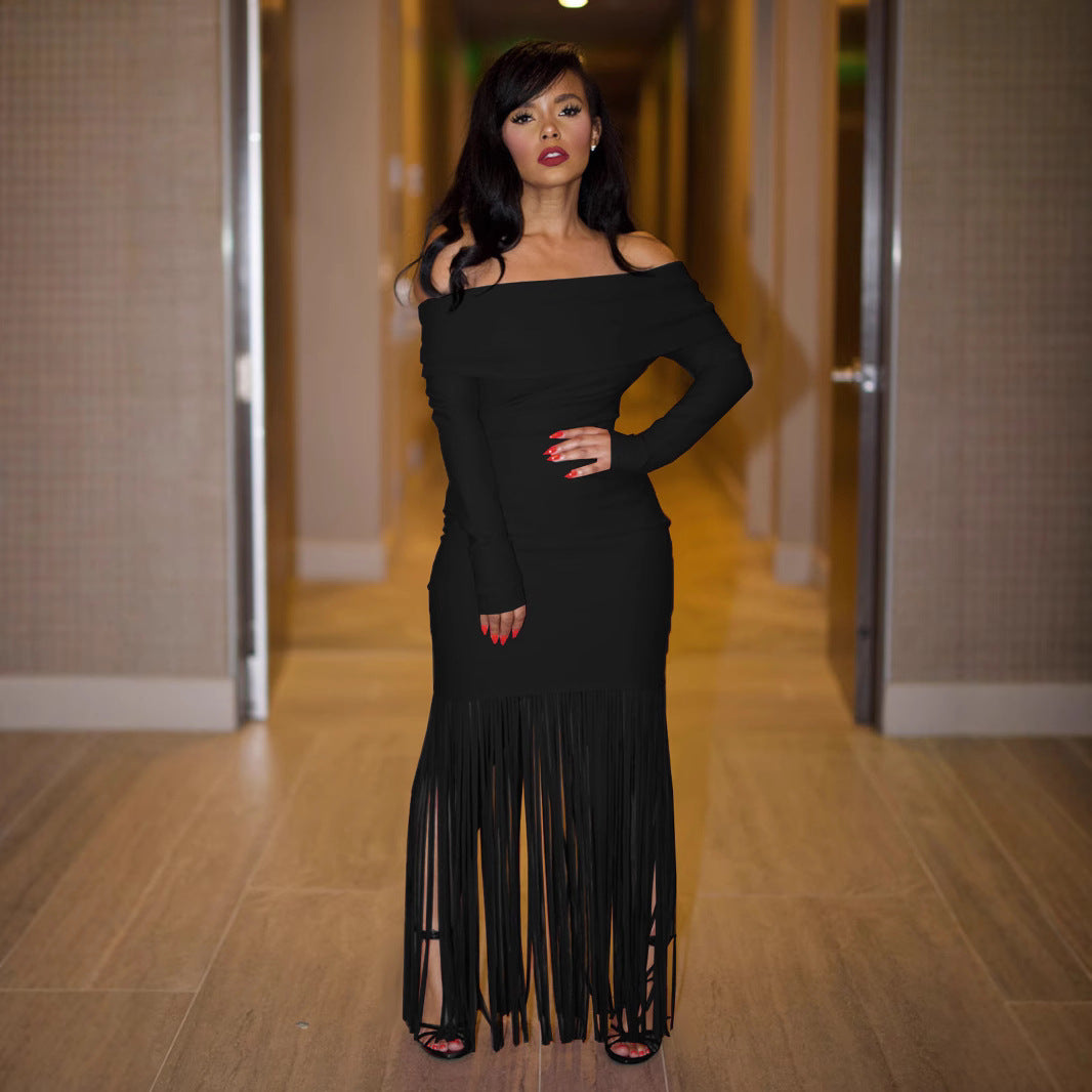Sexy Off-shoulder Elegant Figure-flattering Long-sleeve Tassel Sheath Dress