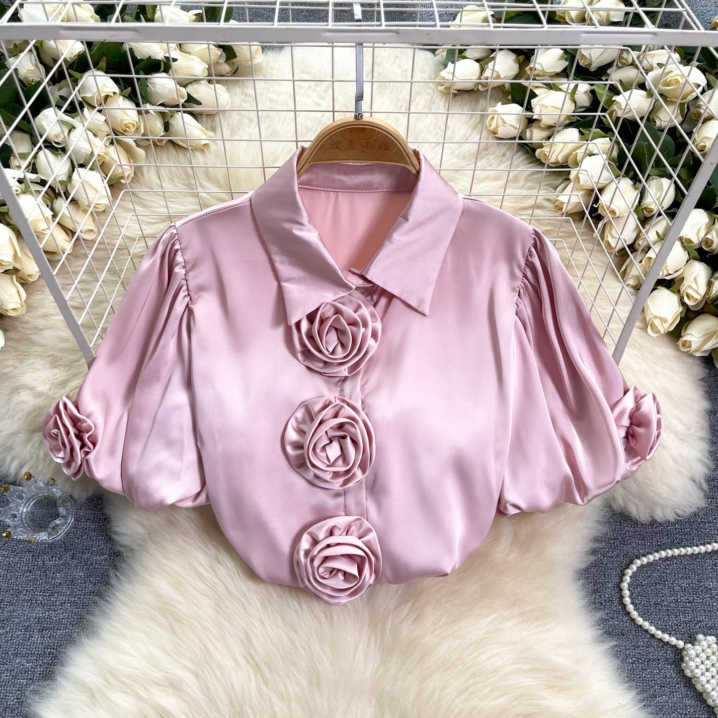 Three-dimensional Flower Puff Sleeve 1 French Satin Top