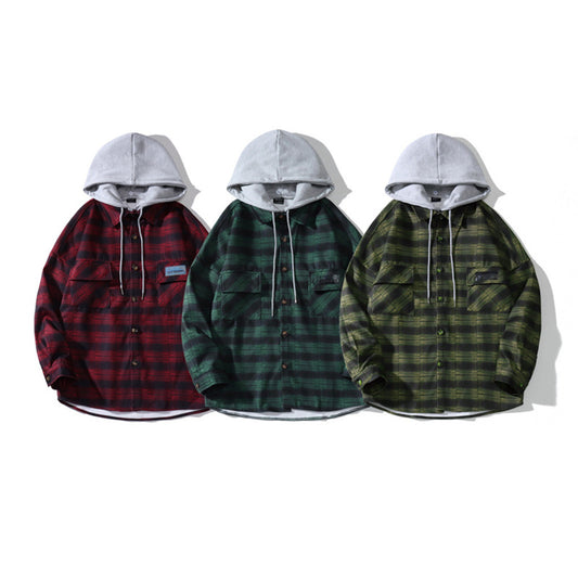 Hooded Plaid Shirt Men's Loose Casual Jacket Student