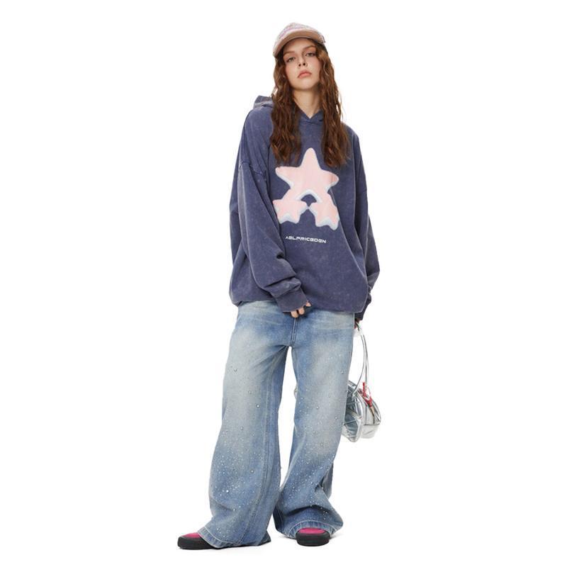 Rhinestone-embellished Relaxed-fit Jeans Casual Soft Denim Trousers