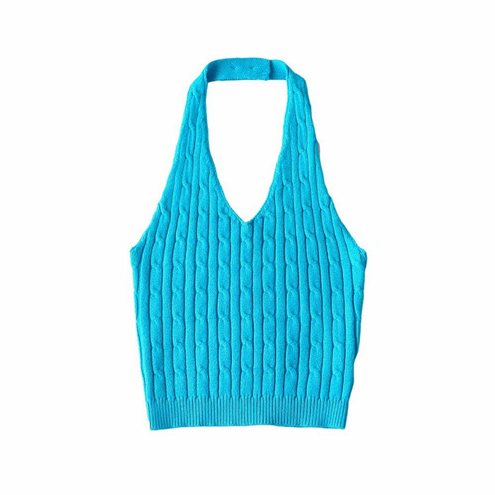 Women's Niche Design V-neck Twist Button Halterneck Vest
