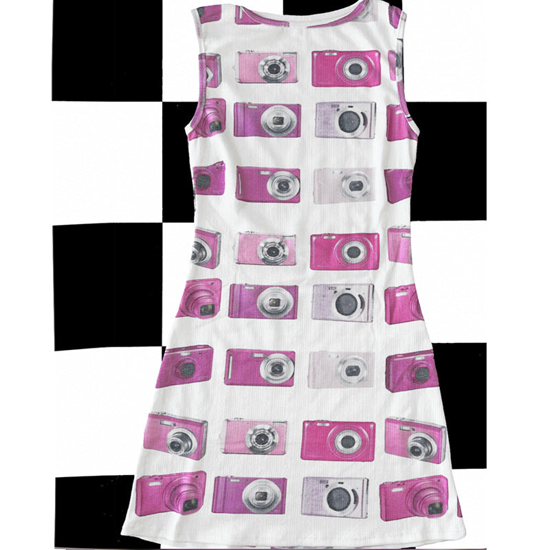 Street-style Retro Y2K Edgy Camera-print Fitted Vest Dress