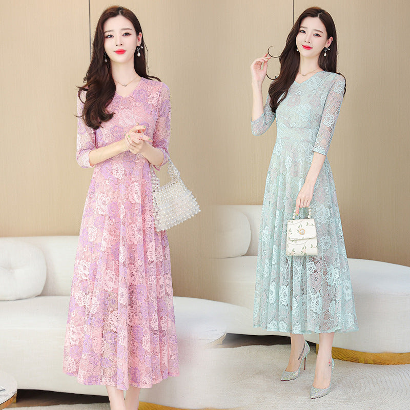 Lace Jacquard Dress For Women With Waistband