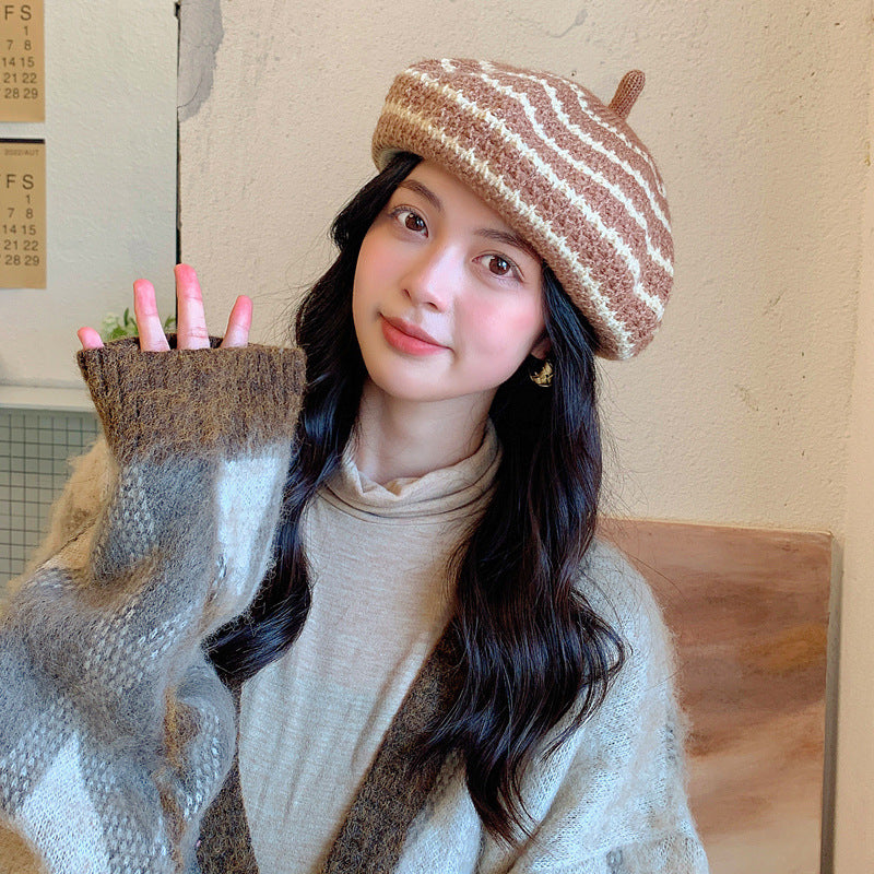 New Women's All-match Knitted Wool Striped Beret To Keep Warm