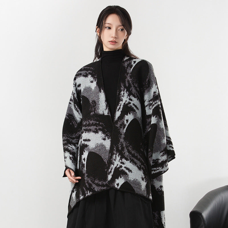 Simple Cashmere Dark Style Split Cloak Warm