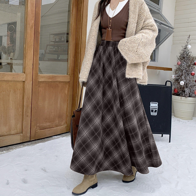Thickened Woolen Plaid Color-blocked Long Flared Skirt