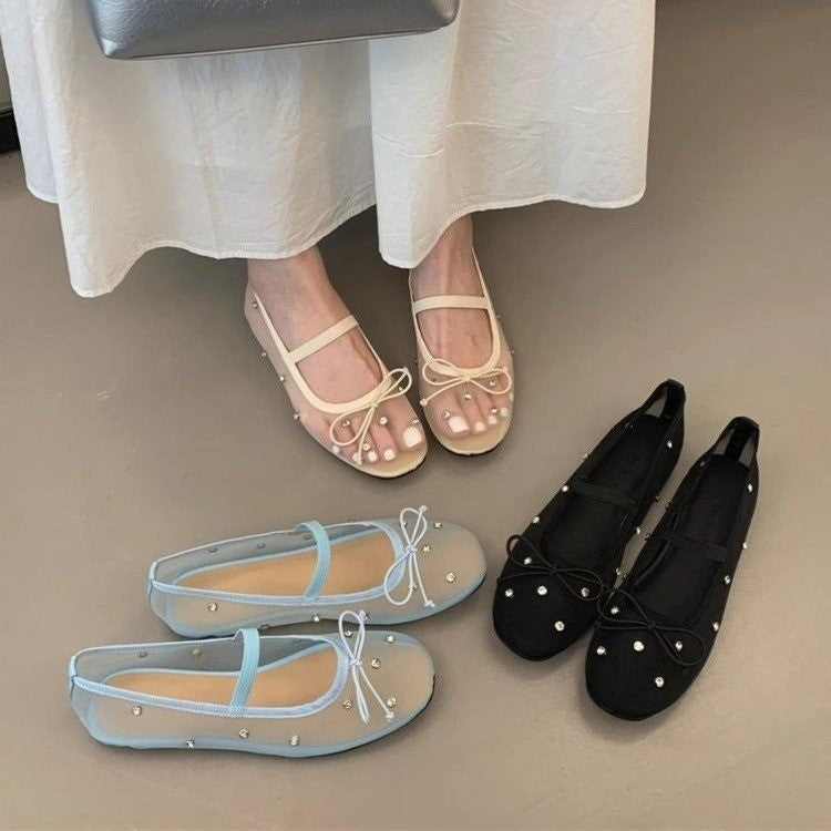 Summer Rhinestone-embellished Mesh Ballet Flats