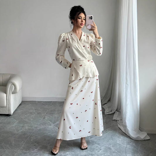 New V-neck Puff-sleeved Waist-cinched Satin Dress With A Cherry Print