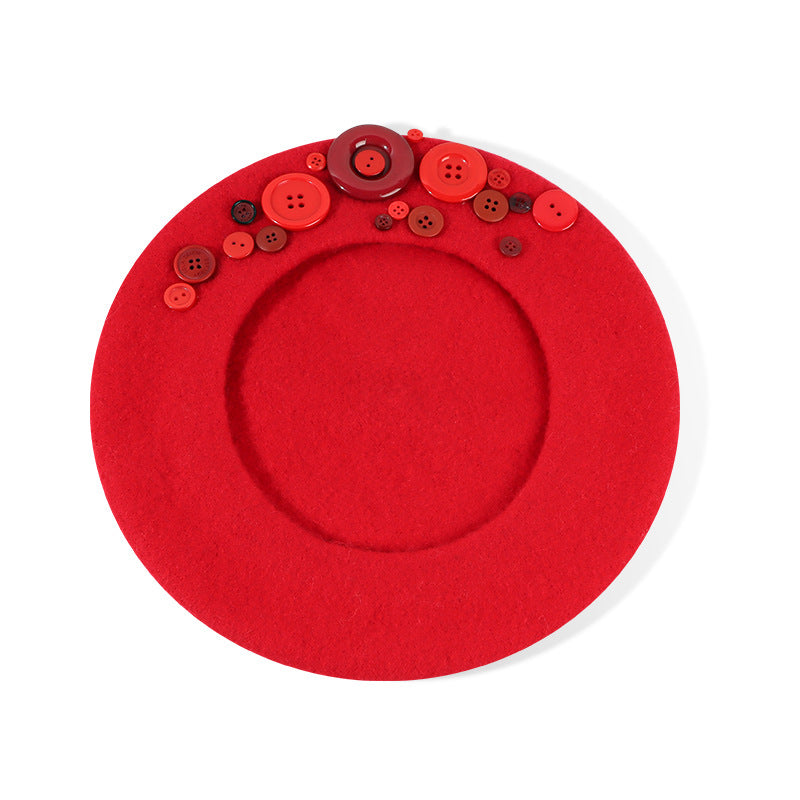 Personalized Yupi Wool Beret Trendy Colorful Button Niche Ladies
