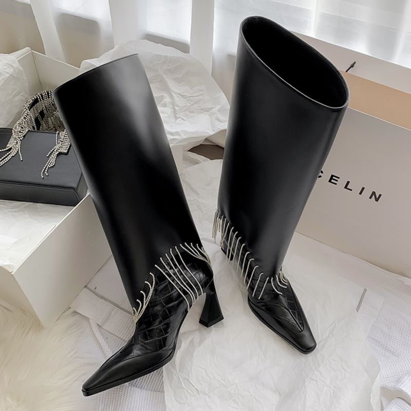 Slim Rhinestone Fringed Cowhide Trousers Boots