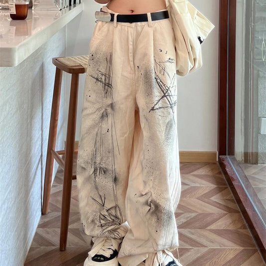 Speckle Ink Wide Leg Jeans For Women Loose High Waist Thin