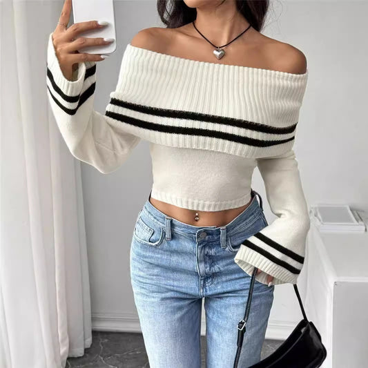 Strikket Top til Kvinder med Off-shoulder, Kort Mave og Trompetærmer