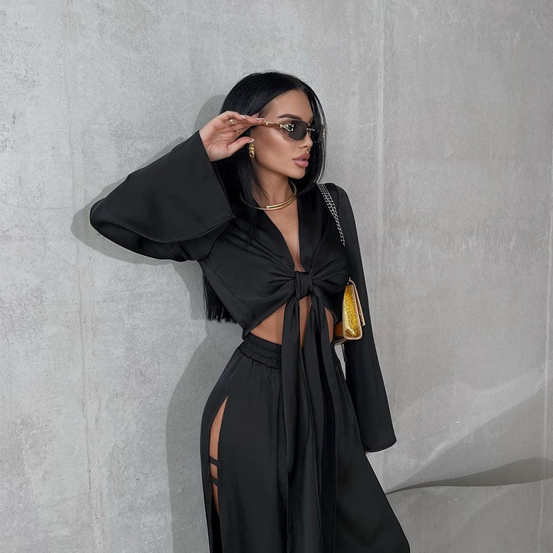 Womens Fashion Set Long-Sleeve Tie-Neck Top With Hollowed-Out Design And Slit-Edge Pants