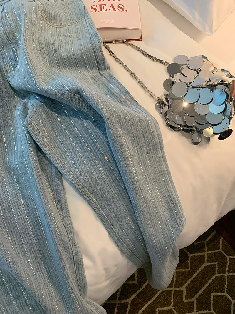 Light Blue Classic Style Rhinestone Straight Jeans