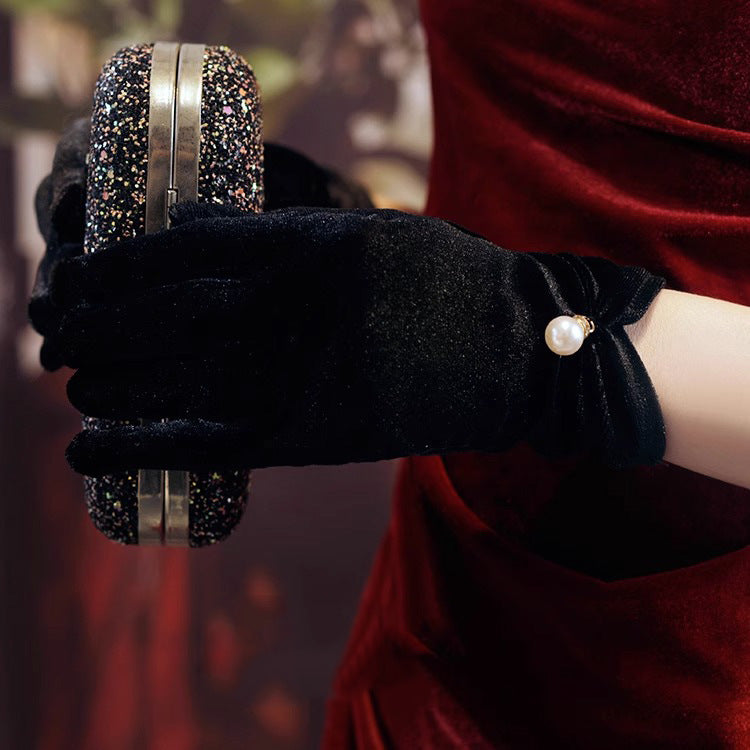 Black Satin Short Pearl Gloves