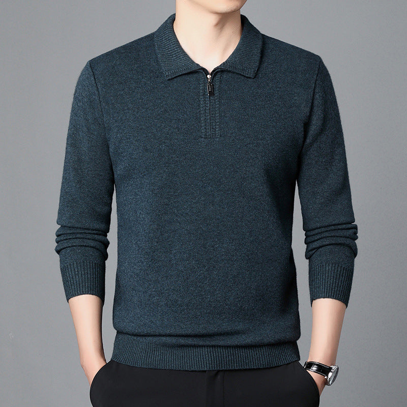 T-shirt Trendy High-end Men's Lapel Pullover Long Sleeve Knitted Sweater 100 Wool