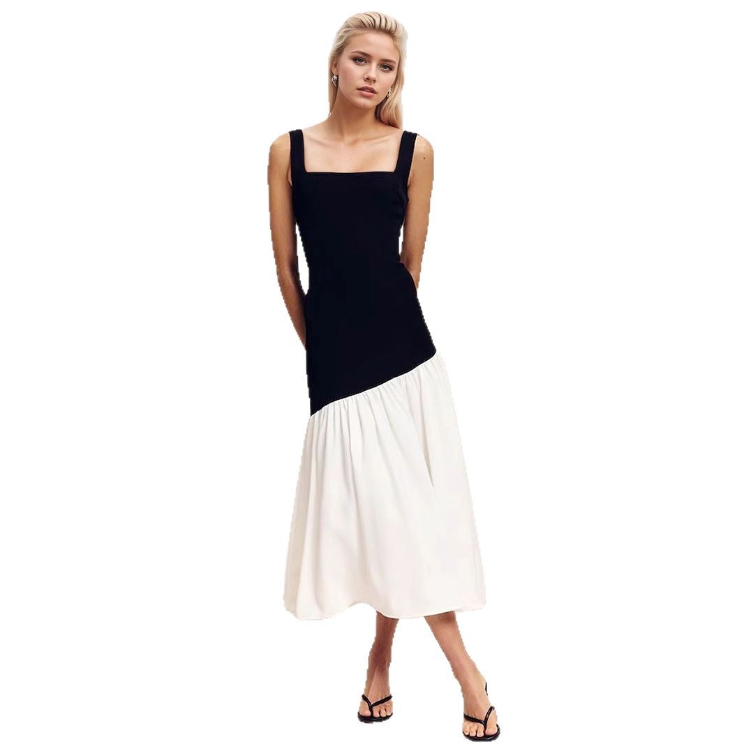 Color Block Dress Sleeveless Halter Neck Black And White Contrast Maxi Dress