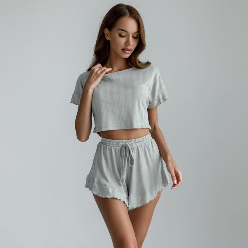 Round-neck Short-sleeve Shorts Home Ruffled Loose Pajama Set