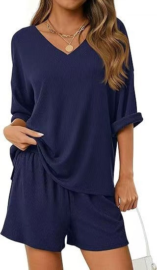 Womens Casual Commuter Two-Piece Set Short-Sleeve T-Shirt And Cropped Shorts