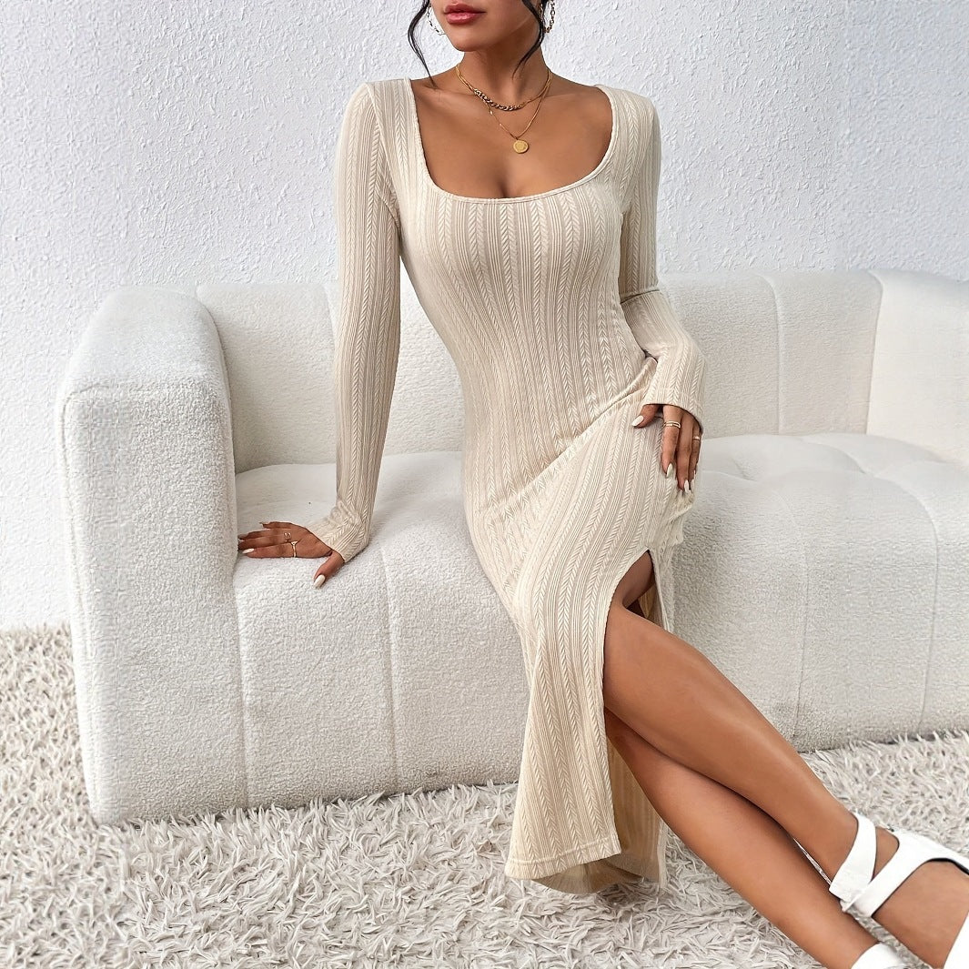 Threaded New Style Square Neckline Defined Waist Slit Long Sleeve Dress For Women