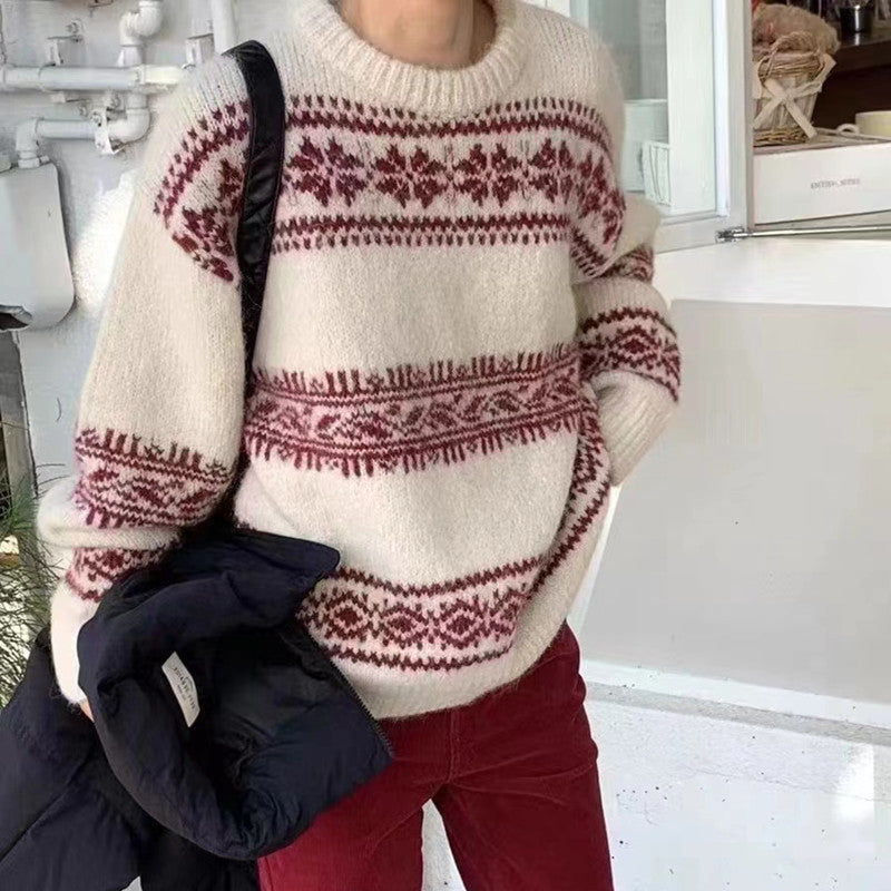 Loose And Thick Christmas Style Knitted Top Retro Round-neck Sweater