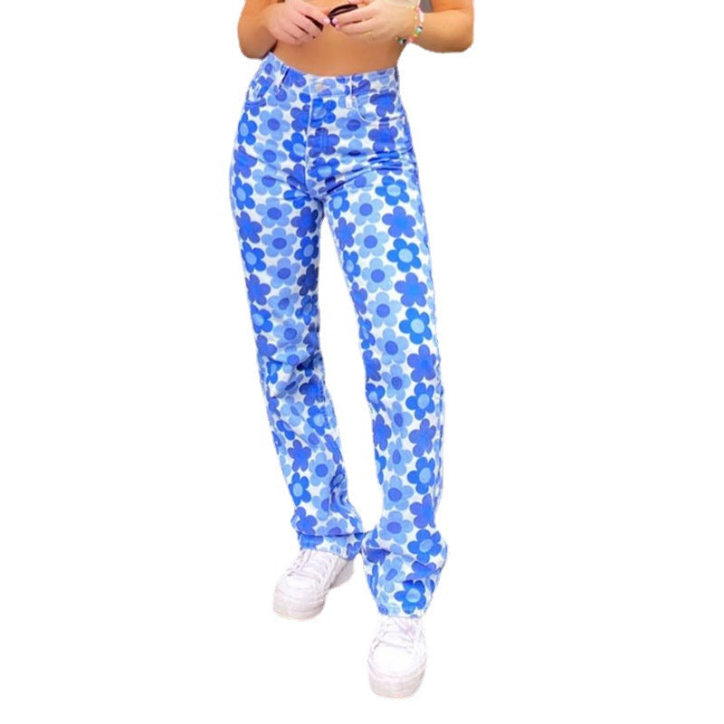 High-rise Floral Print Straight-leg Jeans