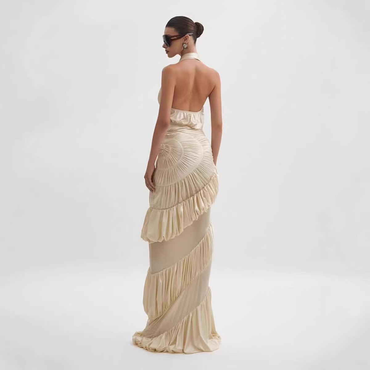 Asymmetrical Pleated Ruffle Bodycon Sheath Fishtail Long Dress