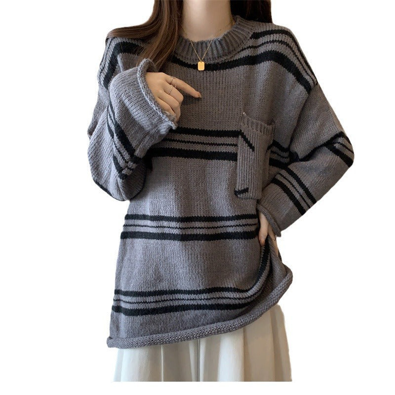 Lazy Sweater Pocket Contrast Color Striped Round Neck Pullover