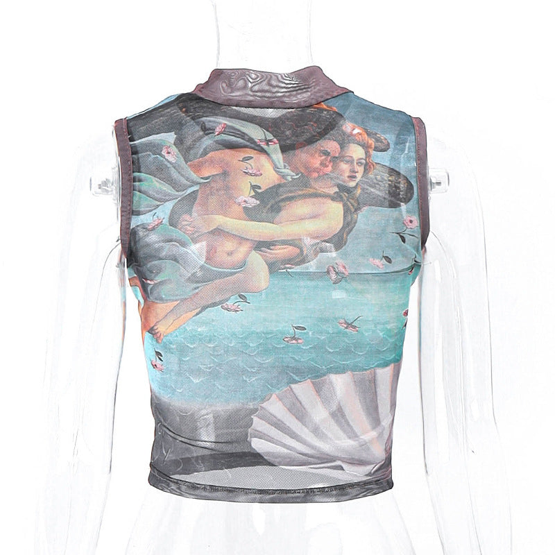 Afslappet vintage cropped tanktop med rullekrave og abstrakt print