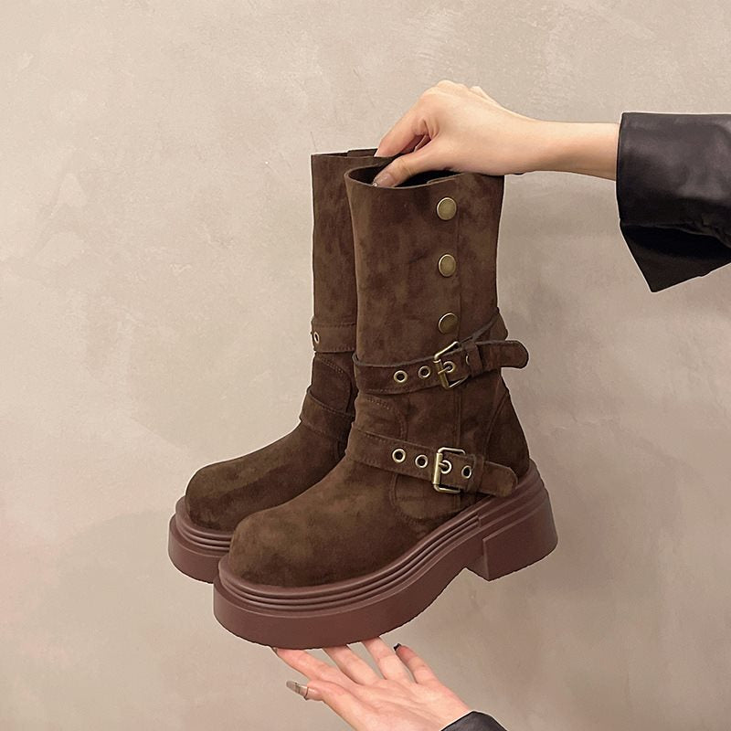 Womens Matte Boots In British Style With Thick Soles