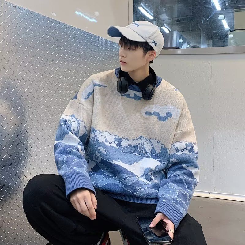 Amerikansk Modebrand Retro Snow Mountain Tie-dye Crew Neck Pullover Sweater