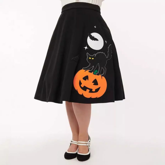 Women's Pumpkin Head Cat Moon Print Big Hem Skirt