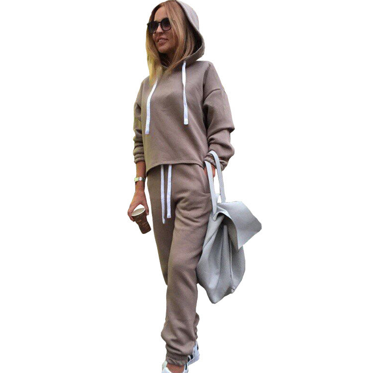 Solid Color Women's Hooded Irregular Sweatshirt Suit Two-piece Set