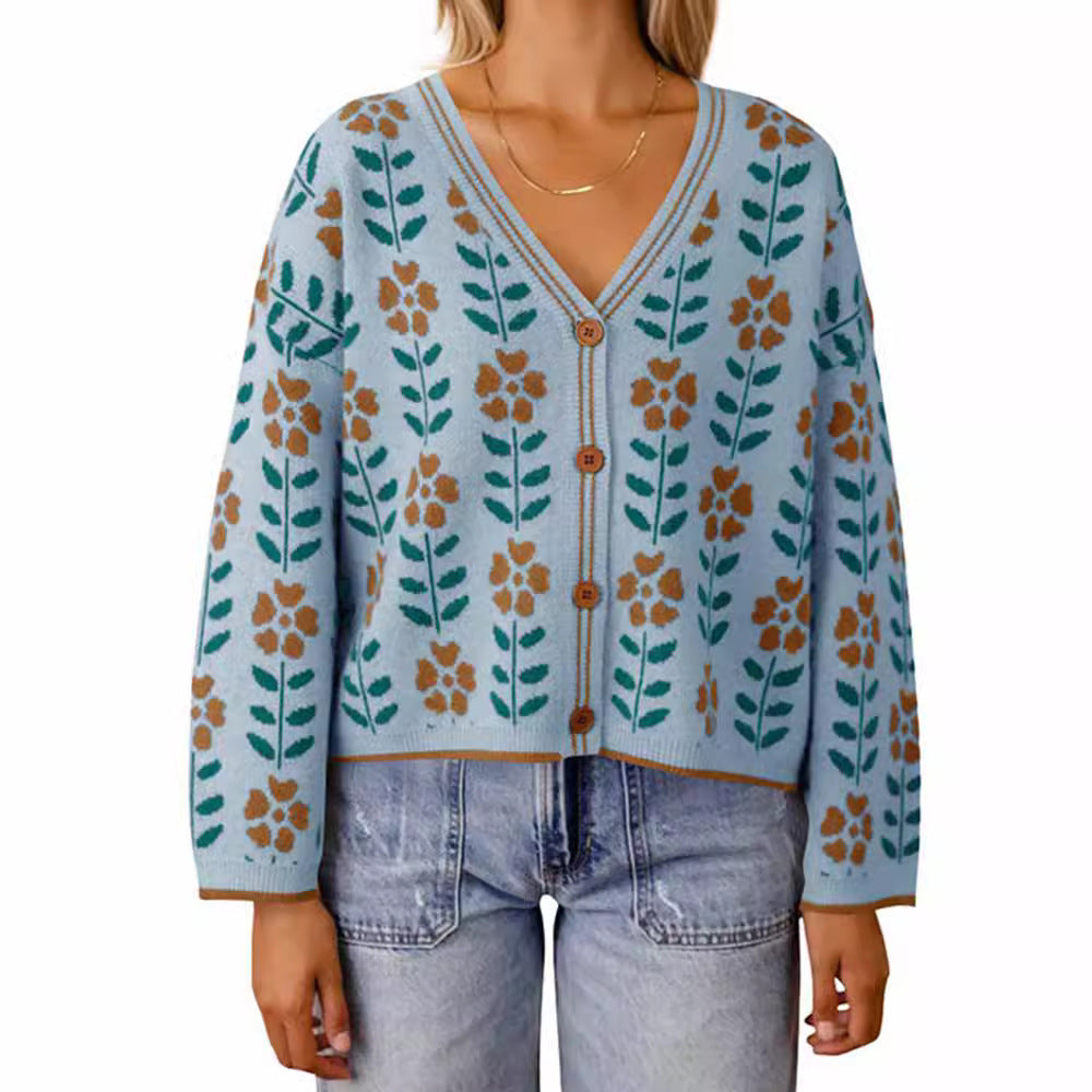 European And American Ladies Single-breasted Long Sleeve Flower Sweater