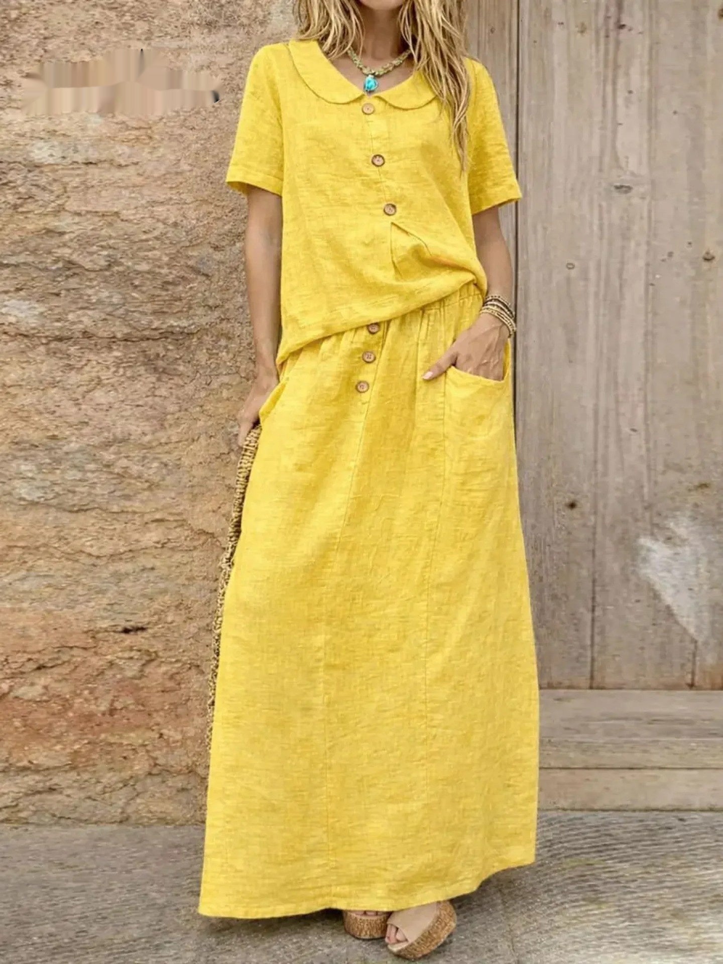 Womens Casual Solid-Colored Cotton-Linen Loose Two-Piece Skirt Set