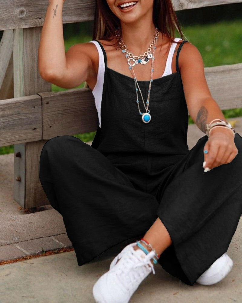 Ærmeløs Jumpsuit Til Kvinder Med Lommer Og Justerbar Skulderrem Moderigtig Løs Bred Ben Lige Overalls Sommer Strandbukser