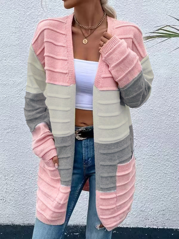 Amazon AliExpress Sweater Women's Fashion Jacket With Big Pockets Autumn And Winter Long Striped Color Matching Cardigan