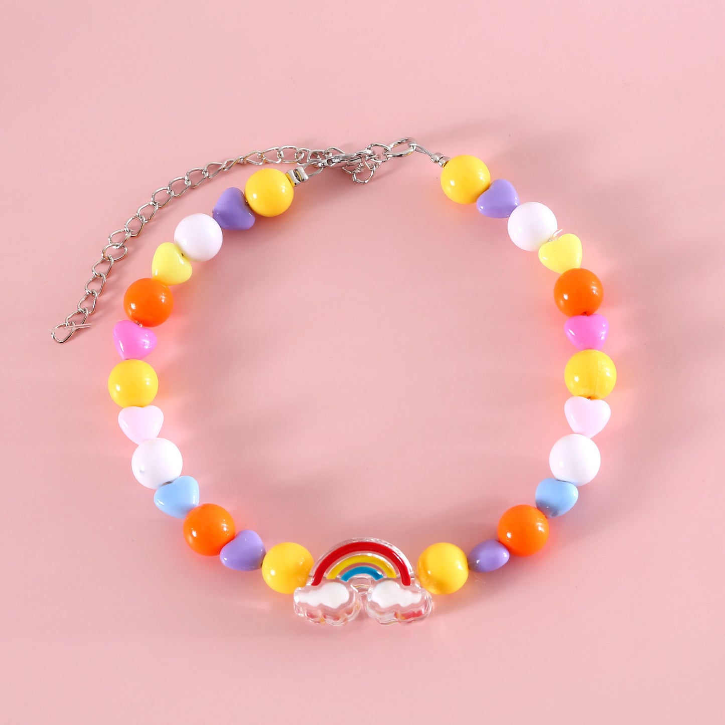 INS South Korea Colorful Pearl Pet Necklace Small Flower Rainbow Peach