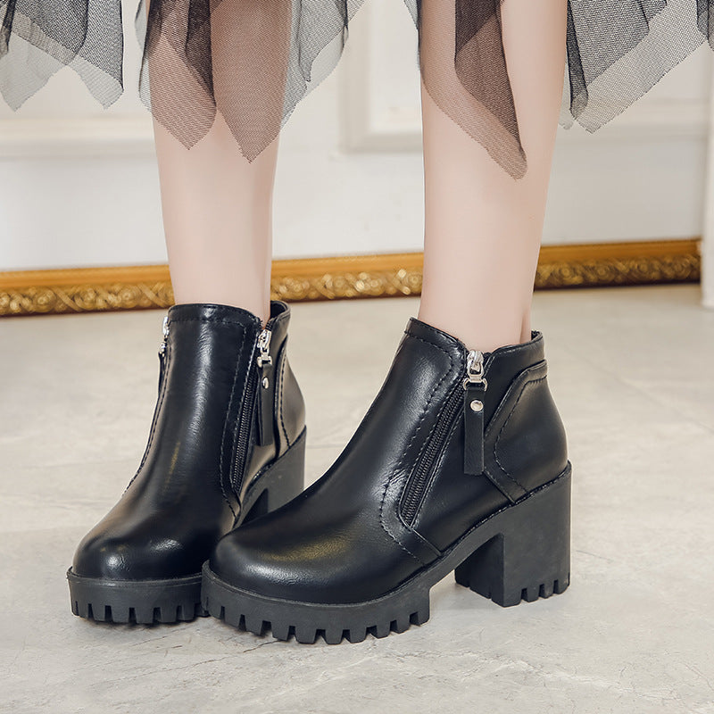 Chunky Heel Round Toe Side Zip Short Boots